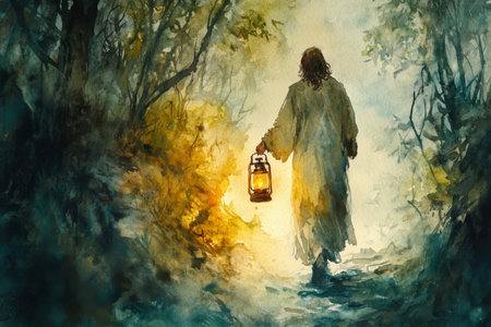 Jesus holding a lantern, walking down a dark path, illuminating the way for his followers. The watercolor uses warm, golden tones to depict guidance, hope, and divine light in darkness.の素材