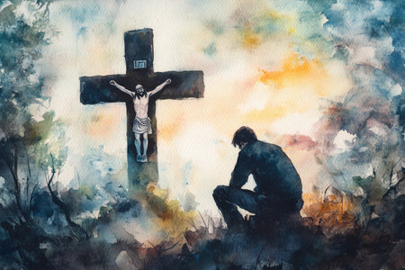 A Christian man kneeling in prayer before a large cross, with a soft silhouette of Jesus in the background, all bathed in gentle watercolor light, evoking a sense of reverence and devotionの素材
