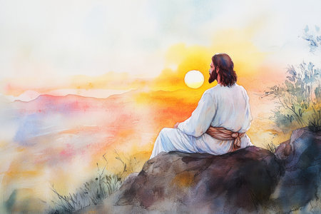 Jesus sitting on a rock, gazing into the horizon, the sun setting behind him. The watercolor uses soft yellows, oranges, and pinks to evoke reflection, hope, and a divine connection with the Father.の素材