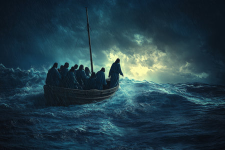 A digital painting of Jesus walking on water toward the disciplesÃ¢â¬â¢ boat, the oceanÃ¢â¬â¢s waves rising around Him but not touching His feet. The disciplesÃ¢â¬â¢ faces show a mix of fear and awe, as they realize they are witnessing a miracle under the darkened sky.の素材