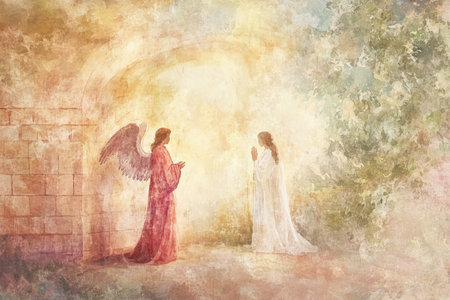 The angel Gabriel standing before Mary in a tranquil, glowing scene, announcing the miraculous conception of Jesus, with Mary listening attentively, bathed in gentle light, all rendered in delicate watercolor strokesの素材