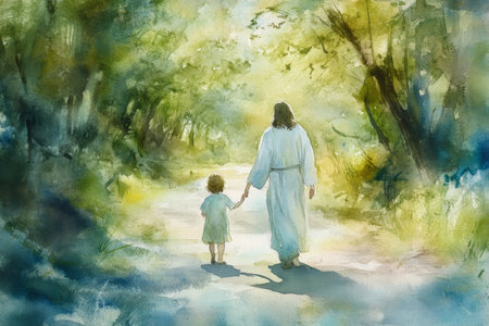 A gentle watercolor of Jesus walking with a child on a peaceful country road. Soft greens and blues set a serene, joyful tone, with the child looking up at Jesus with awe.の素材