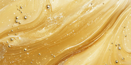 Golden gel texture with honey-like richness, featuring swirls and suspended bubbles. The glossy surface sparkles under light, evoking luxury.の素材