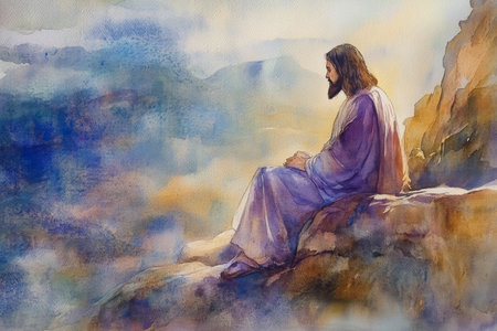 Jesus sitting on a rock, deep in prayer and communion with God. The watercolor uses soft purples, blues, and golds to create a tranquil, sacred moment of devotion.の素材