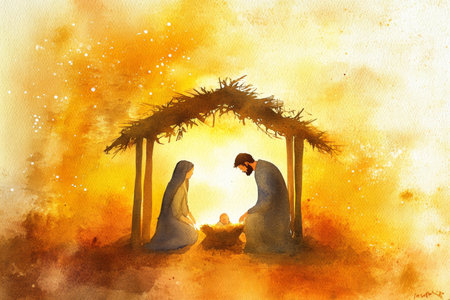 A beautiful watercolor illustration of the Christmas Nativity scene, with Mary and Joseph gazing lovingly at the newborn baby Jesus in the manger. The scene is bathed in warm, golden light, creating a peaceful, holy atmosphereの素材