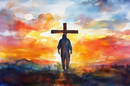 Jesus standing in front of a wooden simple cross, his silhouette framed by a beautiful sunset. The watercolor uses warm oranges, reds, and soft blues, symbolizing sacrifice and divine love.の素材