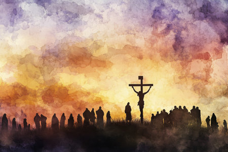 A digital watercolor of Jesus on the cross, silhouetted against a dramatic sunset sky; soft brushstrokes capture the anguish and holiness of the moment, with mourners at the foot of the crossの素材