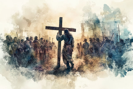 A moving digital watercolor scene of Jesus taking up His cross, surrounded by a quiet crowd. The colors are somber, with soft blues and grays highlighting His struggle, while light radiates subtly around Him, symbolizing His sacrificeの素材