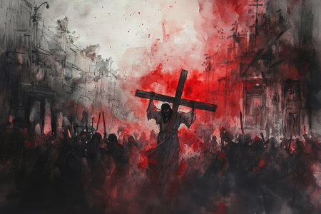 A dramatic watercolor of Jesus carrying the cross through a crowded street. Deep reds, muted grays, and a soft light surrounding Jesus create a poignant and emotional scene.の素材