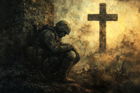A powerful digital painting of a Christian soldier, deeply engrossed in prayer, with a large cross looming in the background. The contrast between his battle-worn armor and the peaceful serenity of his prayer highlights the spiritual strength he draws from his faith.の素材