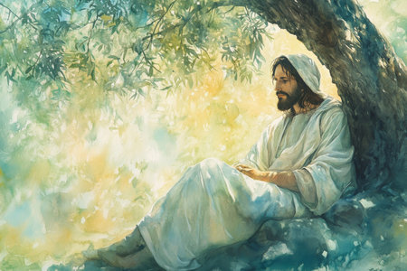 A serene portrait of Jesus in a white robe, sitting under an olive tree. The watercolor background blends shades of green and golden light to evoke a sense of peace and reflection.の素材
