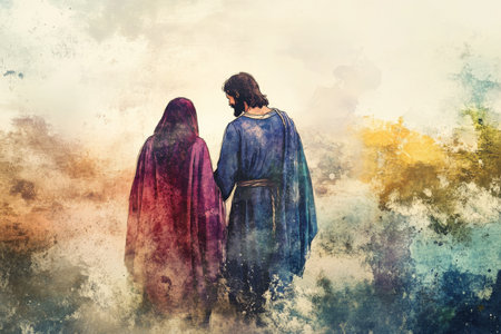 In this emotional digital watercolor scene, Jesus walks toward Calvary, His face filled with pain, as He meets His mother, Mary, who gazes at Him with heart-wrenching sorrow. The soft blending of colors highlights their intense emotional connectionの素材