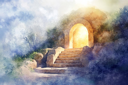 A digital watercolor scene of the empty tomb of Jesus, where the stone is moved and the interior of the tomb is filled with radiant light. The early morning light touches the scene, symbolizing the beginning of a new life, the resurrection of Christ, and the hope it brings to humanityの素材