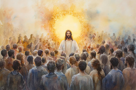 Jesus surrounded by a vast crowd, with a soft golden halo above him. The watercolor captures the diversity of people, using soft earthy tones and warm light to create an inclusive and welcoming scene.の素材