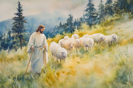 A peaceful watercolor of Jesus standing beside a shepherd, guiding sheep in a meadow. The painting uses soft greens, earthy tones, and gentle golden highlights.の素材
