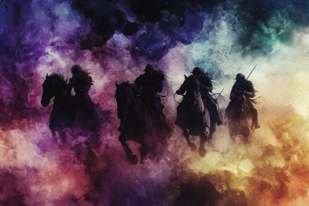 A haunting digital watercolor illustration of the Four Horsemen, each mounted on a horse, racing through an ominous sky. The colors blend and bleed into each other, creating a sense of chaos and destruction that surrounds the riders.の素材