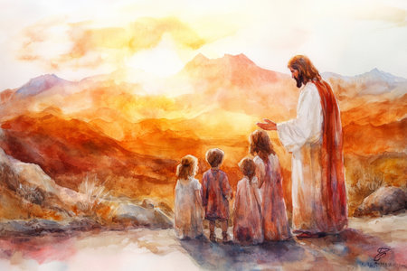 Jesus blessing a family gathered at his feet, with a glowing sunset behind them. The watercolor blends warm oranges, reds, and soft browns to create a comforting and holy moment.の素材