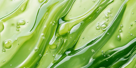 Green aloe vera-inspired gel texture with semi-transparent layers, soft ripples, and scattered bubbles, exuding a cooling and refreshing vibe.の素材