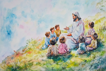 Jesus sitting on a hilltop surrounded by children, teaching them parables. The watercolor uses soft pastel colors like light blue, pink, and green to evoke innocence and joy.の素材