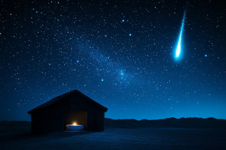 A quiet Nativity scene in the desert with the silhouette of a stable and the bright comet shining brightly in the night sky, surrounded by a starry expanse, symbolizing the birth of Jesusの素材