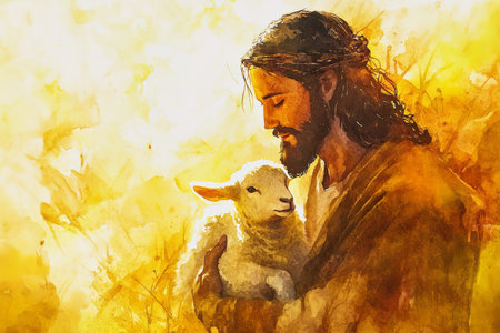 A vibrant watercolor of Jesus holding a lamb in his arms, surrounded by a glowing golden light. The scene blends earthy tones and soft yellows for a warm, loving depiction.の素材