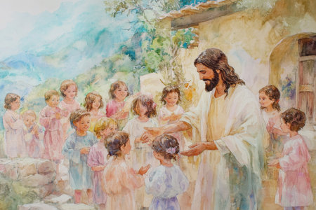 A vibrant watercolor of Jesus blessing children in a village setting, surrounded by families. Soft tones of pink, beige, and blue create an inviting, joyful atmosphere.の素材