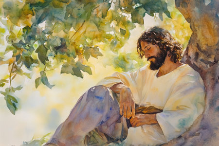 Jesus sitting peacefully under a fig tree, his hands resting on his lap, surrounded by soft green leaves and golden sunlight. The watercolor uses warm earth tones and soothing greens to evoke a sense of tranquility.の素材