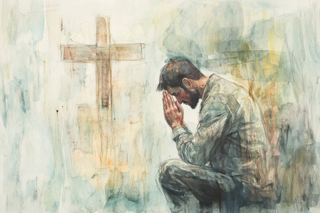 A Christian man kneeling in prayer, his hands clasped and head bowed in reverence, with a simple wooden cross in the background. The scene is painted in soft watercolor tones, creating an atmosphere of peace and devotionの素材
