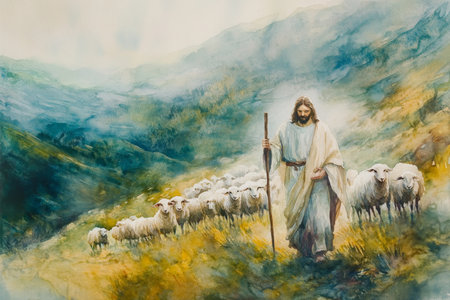 Jesus holding a staff, walking alongside a shepherd, leading a flock of sheep in a lush valley. The watercolor features soft greens, blues, and golden accents to create harmony and peace.の素材