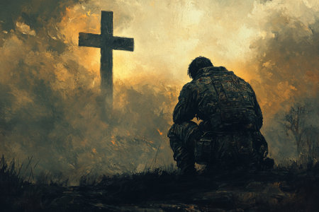 A powerful digital painting of a Christian soldier, deeply engrossed in prayer, with a large cross looming in the background. The contrast between his battle-worn armor and the peaceful serenity of his prayer highlights the spiritual strength he draws from his faith.の素材