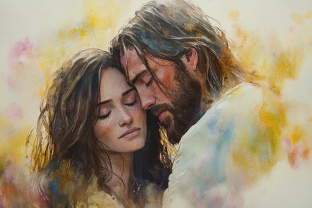 Jesus comforting a grieving woman, with warm light surrounding them. The watercolor blends soft yellows, pinks, and muted browns to evoke love and compassion.の素材