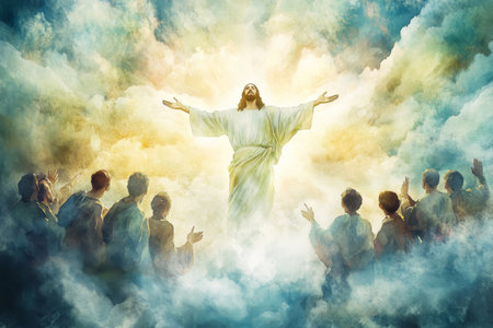 A serene digital watercolor of Jesus ascending into Heaven, His arms outstretched and enveloped in light, with His disciples gazing upwards in awe, surrounded by soft, flowing cloudsの素材