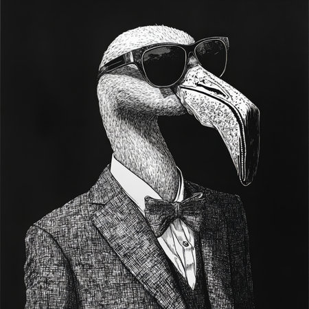 A flamingo in a fashionable suit and sleek sunglasses, combining elegance and playful modern style. The scene is drawn in scratchboard imitation, with fine black-and-white details that accentuate both the flamingo's grace and the fashion twist.の素材