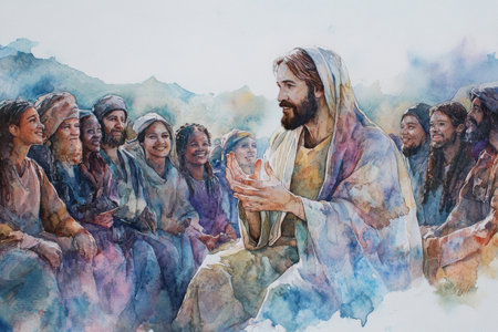 Jesus teaching with a gentle hand gesture, surrounded by diverse people. The watercolor uses a mix of earthy tones, soft blues, and purples to symbolize unity, inclusiveness, and divine wisdom.の素材