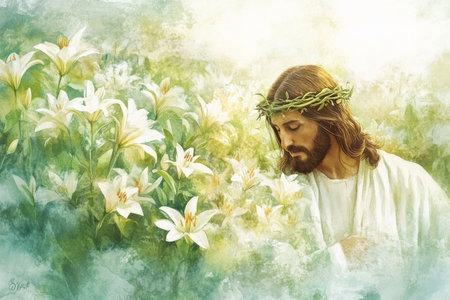 Jesus surrounded by lilies in a meadow, symbolizing purity and renewal. The watercolor background uses pastel greens and soft whites to create a peaceful and spiritual tone.の素材