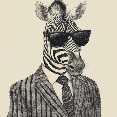 A zebra dressed in a hip suit and stylish sunglasses, blending its striking striped pattern with contemporary urban fashion. The engraving-style sketch in scratchboard imitation brings out the unique contrasts between wildlife and fashion in monochrome.の素材