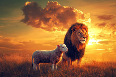 A digital illustration of a majestic lion and a gentle lamb standing together in a peaceful meadow at sunset. The contrast between the two animals reflects the dual nature of Jesus Christ, as the sacrificial Lamb and the victorious Lion, under the glowing sky of divine triumphの素材