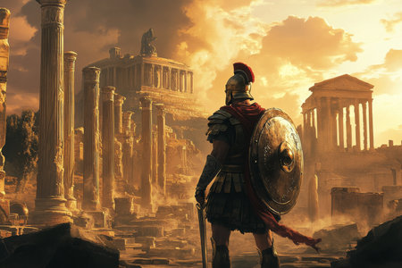 A digital illustration of a Roman legionary warrior standing amidst the ruins of an ancient Roman city. The warrior is clad in traditional armor, holding a gladius and shield, as the crumbling columns and broken statues of the once mighty city rise behind him, bathed in the golden light of a setting sunの素材