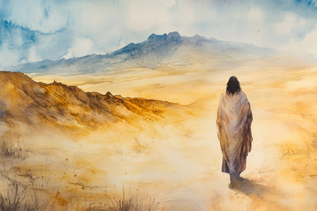 Jesus in the desert during his 40 days of fasting, surrounded by a barren yet beautiful landscape. Watercolor washes of sandy browns and soft blues evoke solitude and strength.の素材