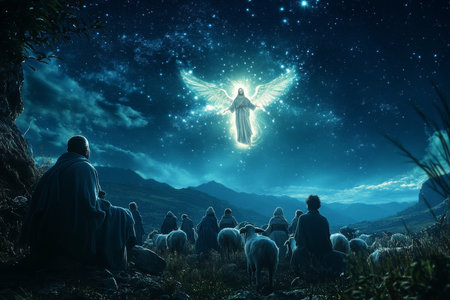A peaceful night scene where shepherds look up in awe at a glowing angel, the sky filled with stars, and their flock gathered around them in quiet reverenceの素材