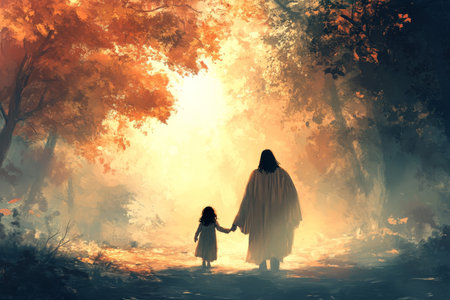 Jesus, in flowing robes, walks hand in hand with a little girl on a serene path leading to a bright light ahead. The rear view of this digital painting shows their silhouettes, bathed in soft light, creating an atmosphere of warmth and divine connectionの素材