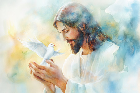 A gentle watercolor of Jesus holding a dove in his hands, symbolizing peace and the Holy Spirit. The soft background features blended hues of blue, white, and pastel yellow.の素材
