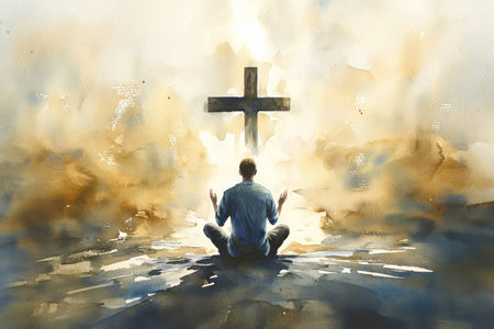 A Christian man on his knees in front of a cross, his hands open in prayer, surrounded by gentle watercolor brushstrokes that evoke a calm, reflective atmosphere, with soft light casting a holy glow on the crossの素材