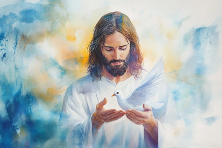 A gentle watercolor of Jesus holding a dove in his hands, symbolizing peace and the Holy Spirit. The soft background features blended hues of blue, white, and pastel yellow.の素材