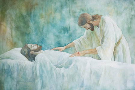 Jesus healing a sick person, placing his hands over the afflicted. The watercolor uses light greens, blues, and soft whites to create an atmosphere of restoration, mercy, and divine love.の素材
