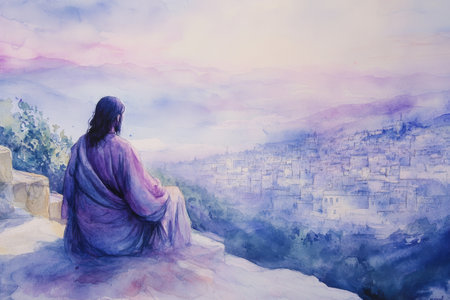Jesus watching over a city from a high vantage point, offering prayer. The watercolor uses soft purples, pinks, and blues to reflect peace, devotion, and divine watchfulness.の素材