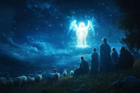 A peaceful night scene where shepherds look up in awe at a glowing angel, the sky filled with stars, and their flock gathered around them in quiet reverenceの素材