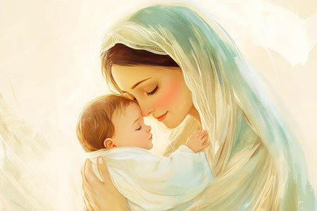 A gentle digital illustration of Mother Mary cradling baby Jesus in her arms, her face filled with love and tenderness. The neutral background highlights their peaceful connection, with soft lines and warm tones capturing the purity of motherhood and divine loveの素材
