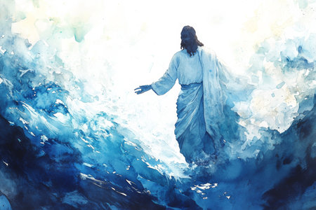 A dynamic watercolor illustration of Jesus walking on water, with gentle waves and a glowing aura around him. The background features soft blends of blue and white, symbolizing serenity and faith.の素材