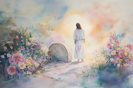 A striking watercolor of Jesus standing at the empty tomb, bathed in radiant light. The stone is rolled away, and flowers bloom around the scene in soft pastel tones.の素材